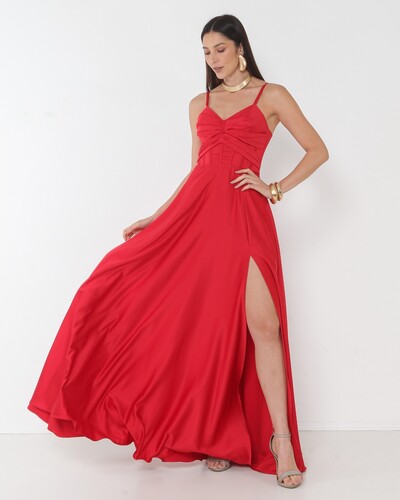 Foto Vestido Simaria Alça Fina Busto Estruturado Longo Fenda