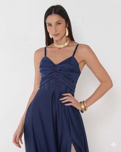 FotoVestido Simaria Busto Estruturado Fenda Lateral Azul Marinho