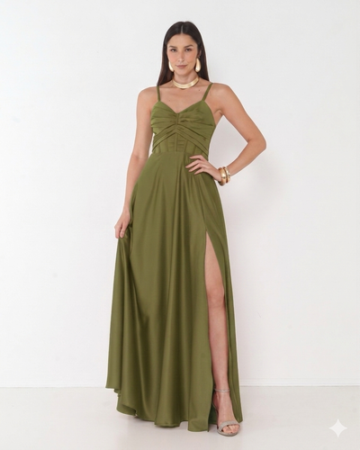 FotoVestido Simaria Alça Fina Busto Estruturado Longo Fenda