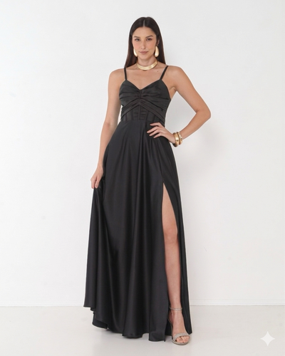 Foto Vestido Simaria Alça Fina Busto Estruturado Longo Fenda