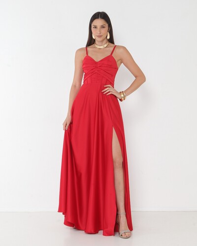 FotoVestido Simaria Alça Fina Busto Estruturado Longo Fenda