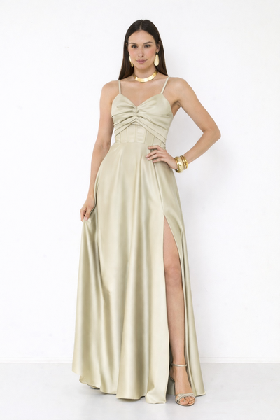 Foto Vestido Simaria Alça Fina Busto Estruturado Longo Fenda