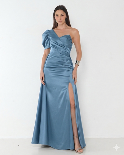 Foto Vestido Livia Em New Span OMbro Assimétrico Longo Fenda