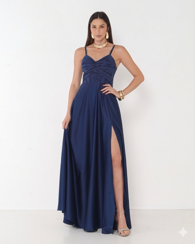 Foto Vestido Simaria Alça Fina Busto Estruturado Longo Fenda