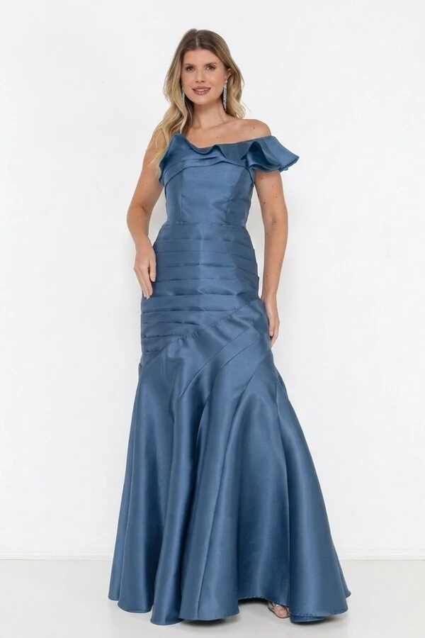 Vestido Ivanice Em Zibeline Modelo Sereia Ombro Assimétrico