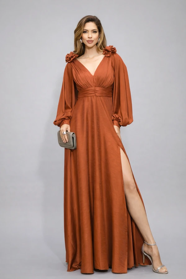 Vestido Amanda Flor Manga Longa Fenda