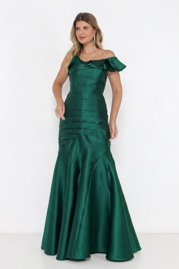 Vestido Ivanice Em Zibeline Modelo Sereia Ombro Assimétrico