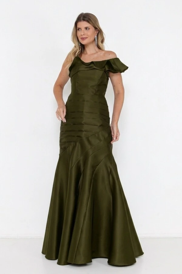 Vestido Ivanice Em Zibeline Modelo Sereia Ombro Assimétrico