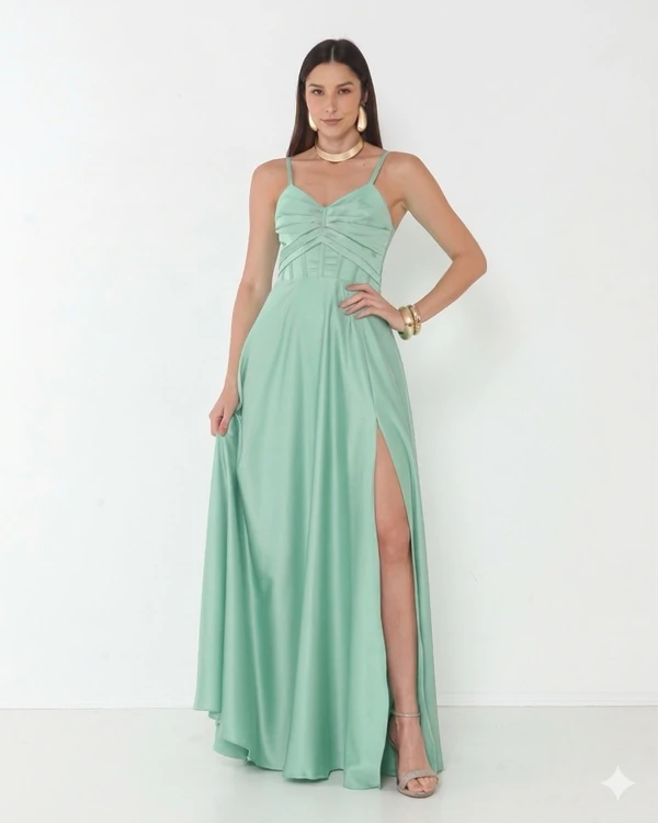 Vestido Simaria Alça Fina Busto Estruturado Longo Fenda