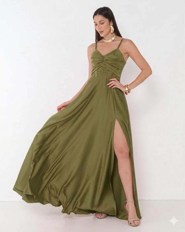 Vestido Simaria Alça Fina Busto Estruturado Longo Fenda