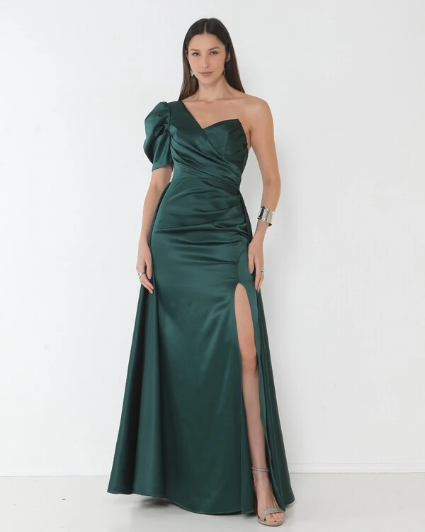 Vestido Livia Em New Span OMbro Assimétrico Longo Fenda