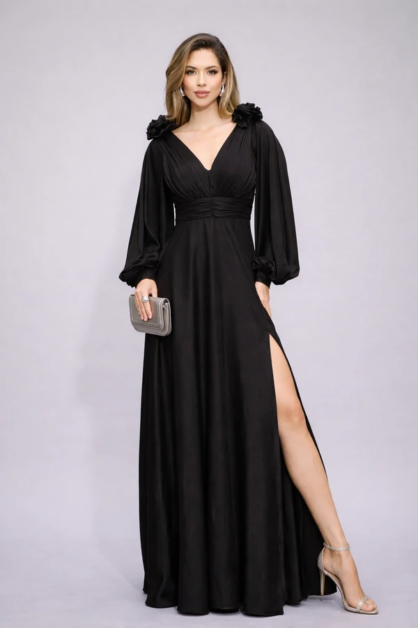 Vestido Amanda Flor Manga Longa Fenda