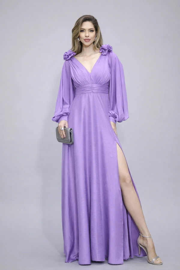 Vestido Amanda Flor Manga Longa Fenda