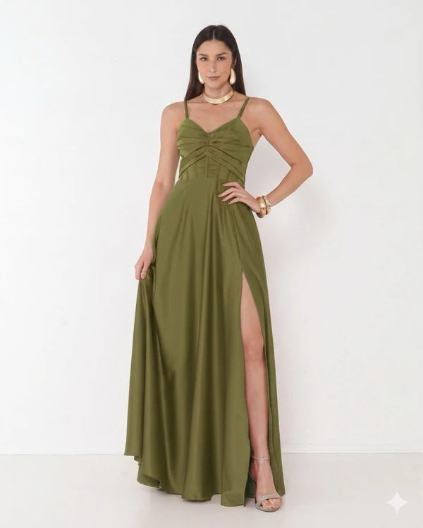 Vestido Simaria Alça Fina Busto Estruturado Longo Fenda