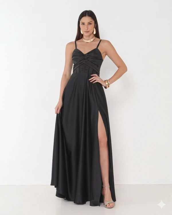 Vestido Simaria Alça Fina Busto Estruturado Longo Fenda