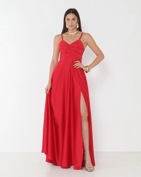 Vestido Simaria Alça Fina Busto Estruturado Longo Fenda