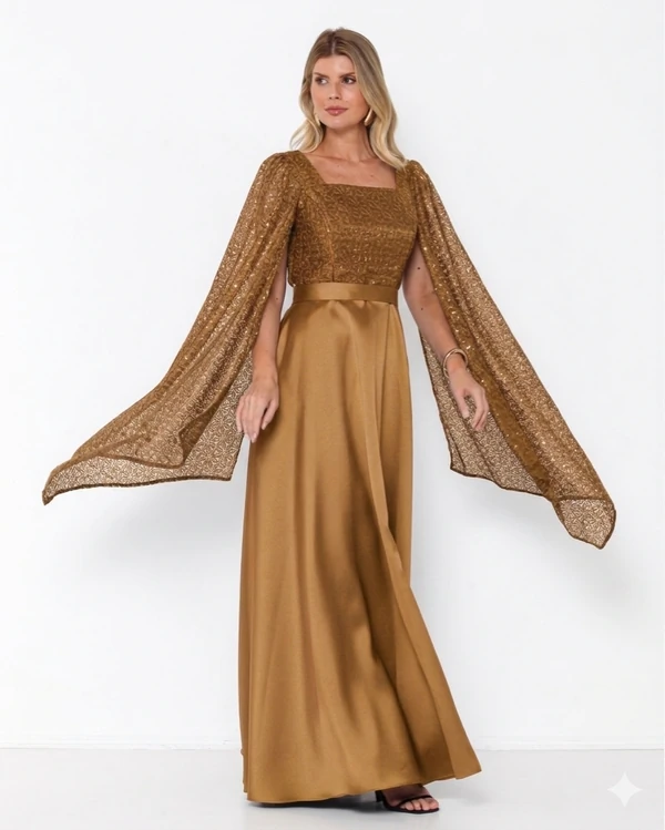Vestido Suellen Manga Capa Com Brilho