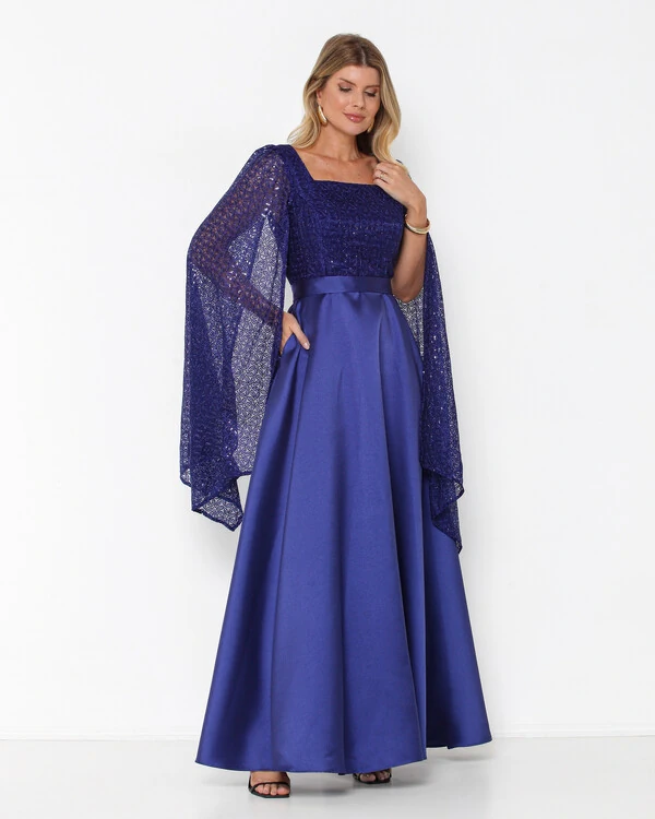 Vestido Suellen Manga Capa Com Brilho