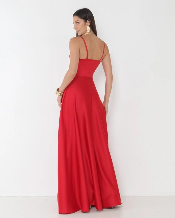 Vestido Simaria Alça Fina Busto Estruturado Longo Fenda