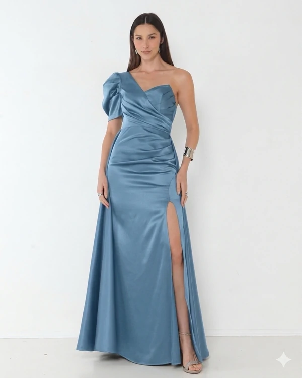 Vestido Livia Em New Span OMbro Assimétrico Longo Fenda