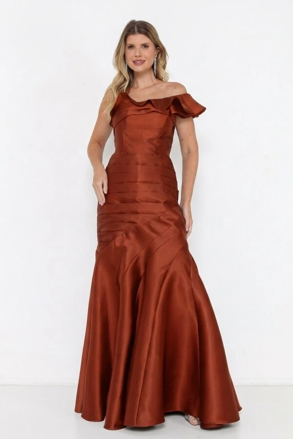 Vestido Ivanice Em Zibeline Modelo Sereia Ombro Assimétrico