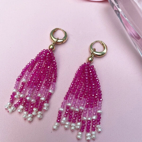 Argola Chuva de Cristais Rosa e Pérolas