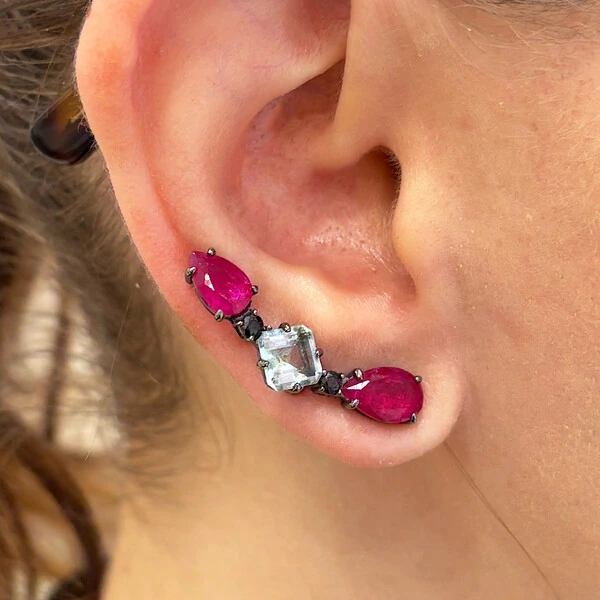 Brinco Ear Cuff Rubi e Acqua Prata 925