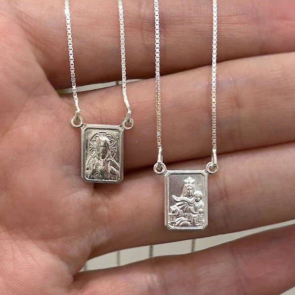 Escapulário Tradicional Sagrado Coração e Nsra. do Carmo Prata 925