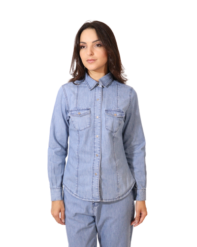 FotoCamisa Feminina Jeans Manga Longa