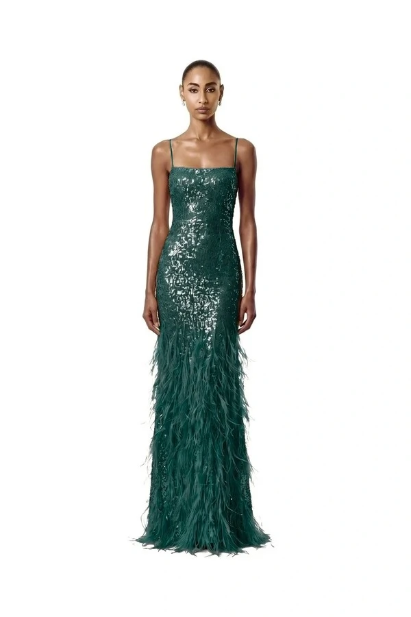 Vestido Nanterre Paetê Plumas