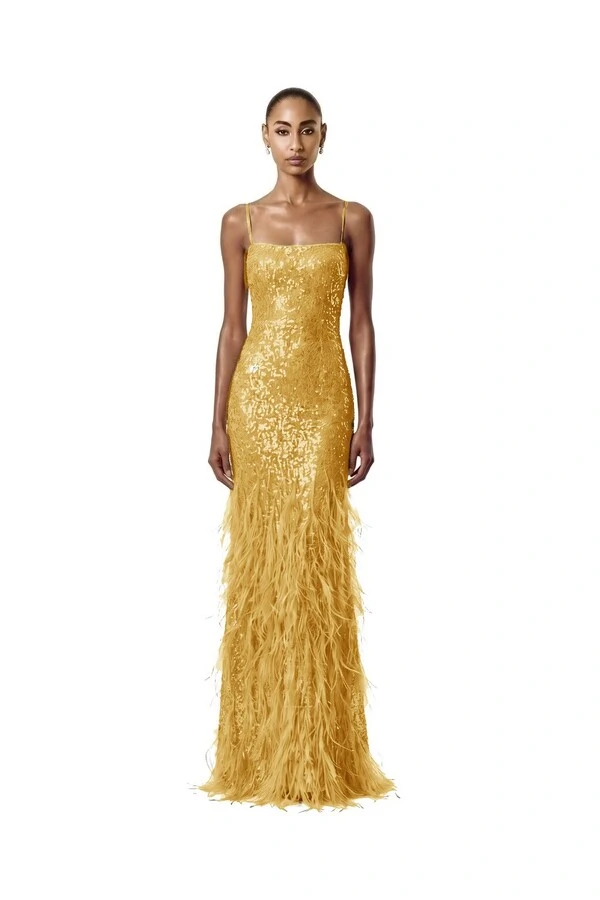 Vestido Nanterre Paetê Plumas