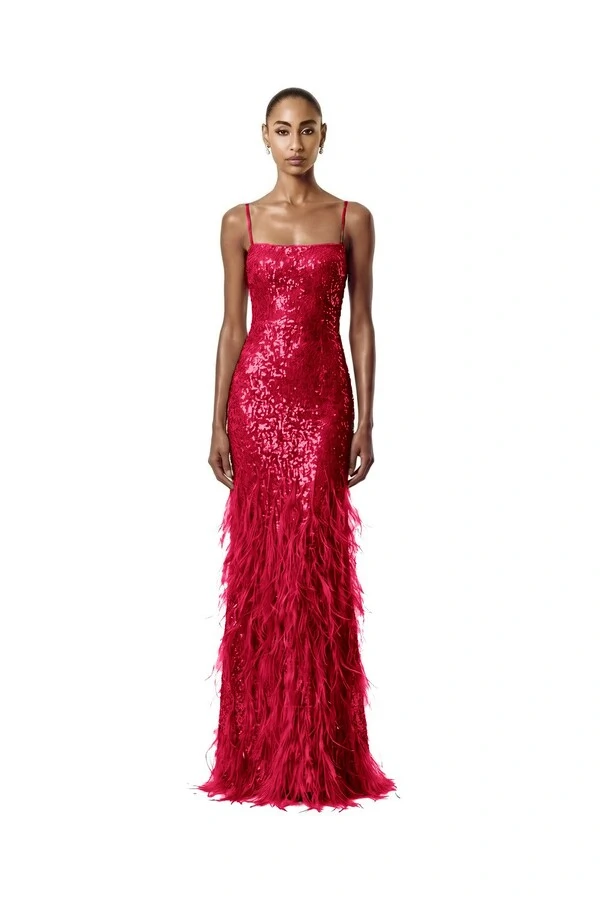 Vestido Nanterre Paetê Plumas