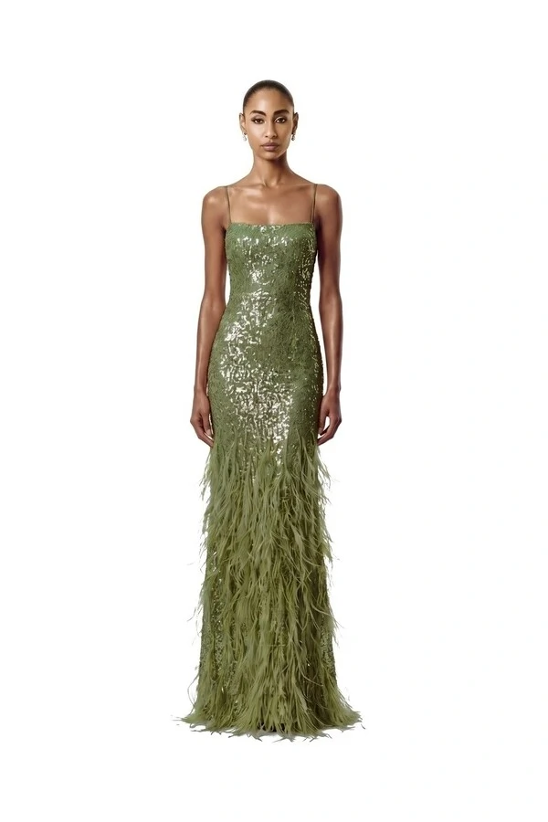 Vestido Nanterre Paetê Plumas