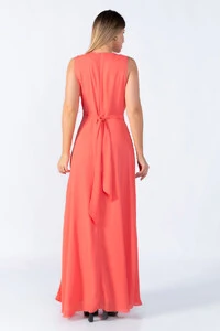 Vestido longo poliester gola franzida
