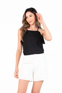 Blusa em algodao com babado decote fechado