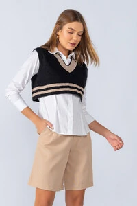Cropped colete em tricot com listra