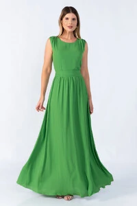 Vestido longo crepe detalhe ombro