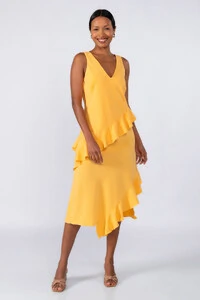 Vestido midi crepe com babados