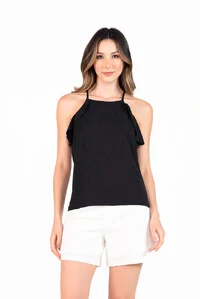 Blusa em algodao com babado decote fechado