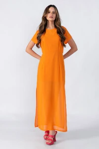 Vestido longo manga com fenda