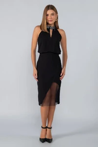 Saia midi em viscose detalhe em tule