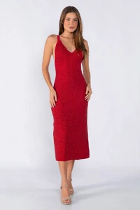 Vestido decote V alça em lurex