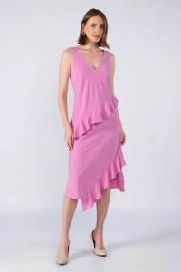 Vestido midi crepe com babados