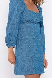 Vestido curto jaquard decote quadrado detalhe botoes
