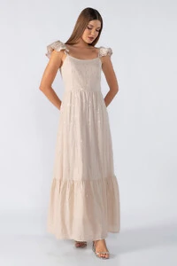 vestido longo babados na alça