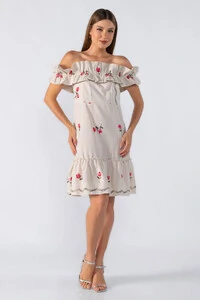 Vestido curto bordado ombro a ombro