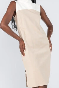 Vestido midi em viscolinho bicolor