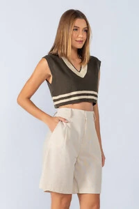 Cropped colete em tricot com listra