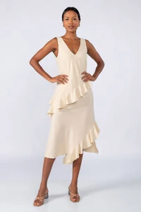 Vestido midi crepe com babados