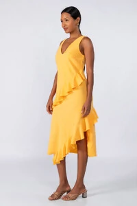 Vestido midi crepe com babados